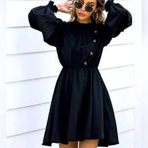 Women Black Buttoned Long Bishop Sleeve Midi Dress